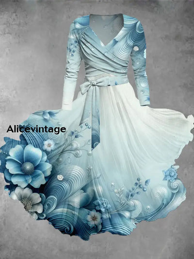 Floral Art Print Vintage V-Neck Long Sleeve Two-Piece Midi Dress A / S