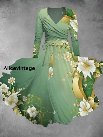 Floral Art Print Vintage V-Neck Long Sleeve Two-Piece Midi Dress A / S