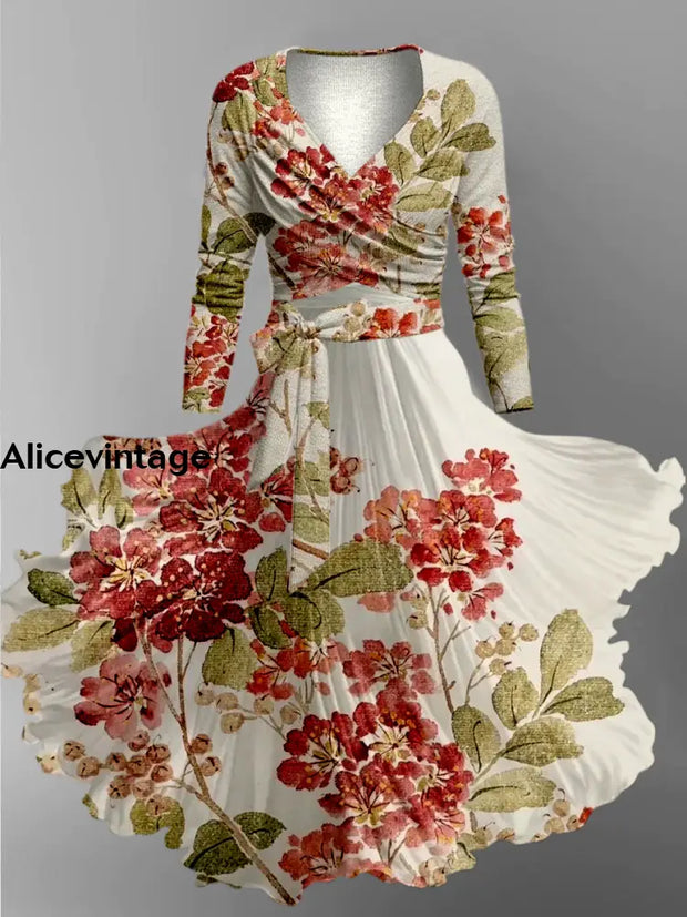 Floral Art Print Vintage V-Neck Long Sleeve Two-Piece Midi Dress A / S