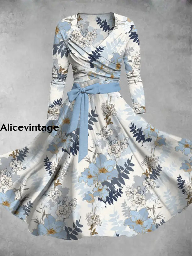 Floral Art Print Vintage V-Neck Long Sleeve Two-Piece Midi Dress A / S