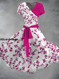 Floral Art Print Vintage V-Neck Short Sleeve Two-Piece Midi Dress A / S