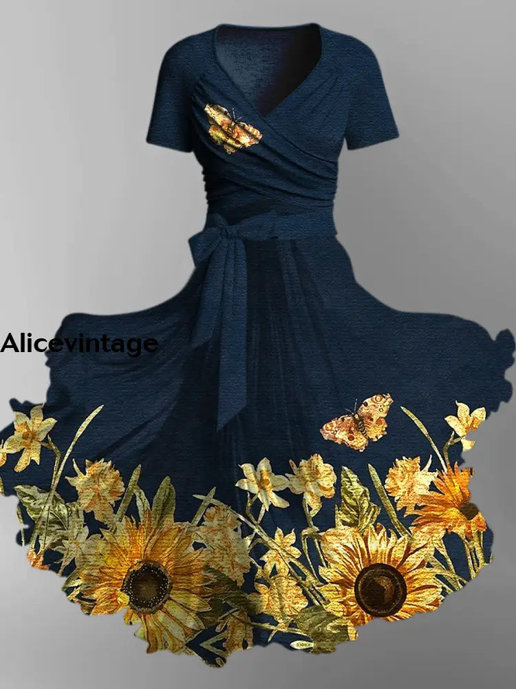 Floral Art Print Vintage V-Neck Short Sleeve Two-Piece Midi Dress A / S