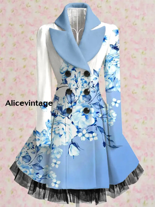 Floral Art Printed Elegant Lapel V-Neck Button Up Thick Long-Sleeved Mesh Gauze Midi Dress