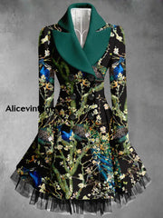 Floral Art Printed Elegant Lapel V-Neck Button Up Thick Long-Sleeved Mesh Gauze Midi Dress