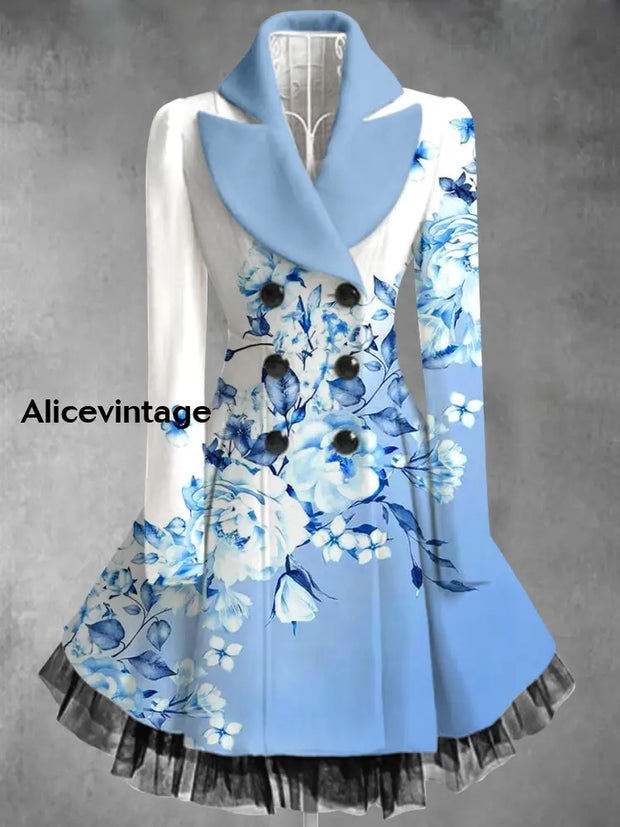 Floral Art Printed Elegant Lapel V-Neck Button Up Thick Long-Sleeved Mesh Gauze Midi Dress