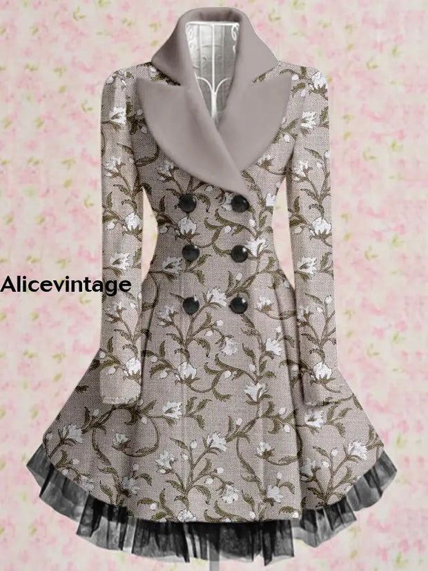 Floral Art Printed Elegant Lapel V-Neck Button Up Thick Long-Sleeved Mesh Gauze Midi Dress