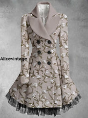 Floral Art Printed Elegant Lapel V-Neck Button Up Thick Long-Sleeved Mesh Gauze Midi Dress