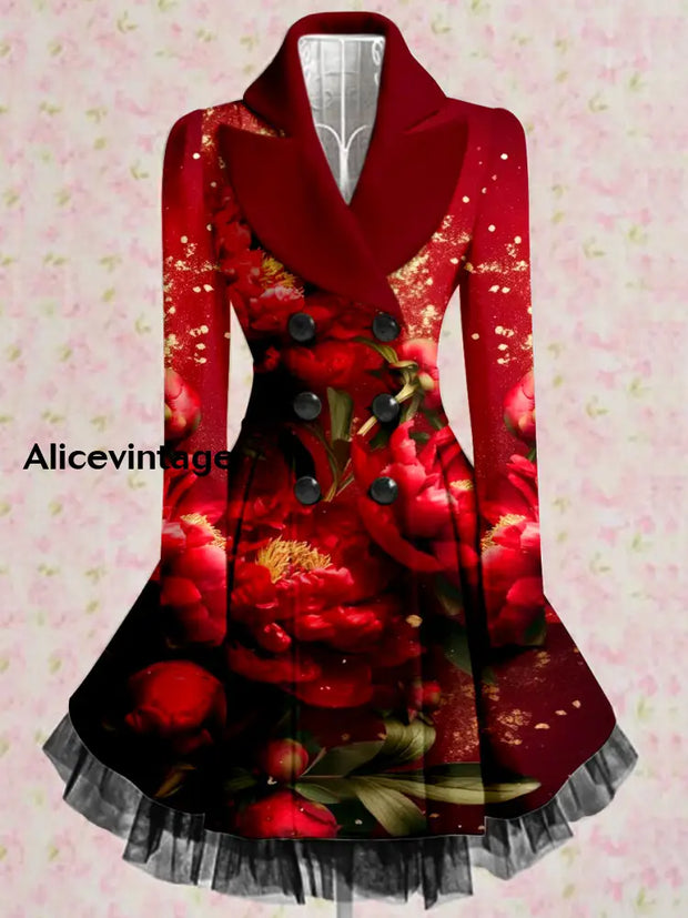 Floral Art Printed Elegant Lapel V-Neck Button Up Thick Long-Sleeved Mesh Gauze Midi Dress