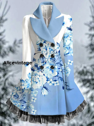 Floral Art Printed Elegant Lapel V-Neck Button Up Thick Long-Sleeved Mesh Gauze Midi Dress A / S