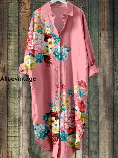 Floral Art Printed Elegant Vintage Lapel Loose Long Sleeve Midi Shirt Dress A / S