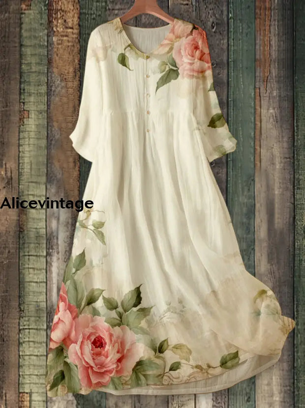 Floral Art Printed V-Neck Elegant Chic Loose Long Sleeve Midi Dress A / S