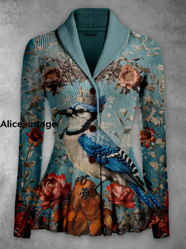 Floral Bird Print Vintage Elegant Lapel V-Neck Button Up Long Sleeve Top A / S