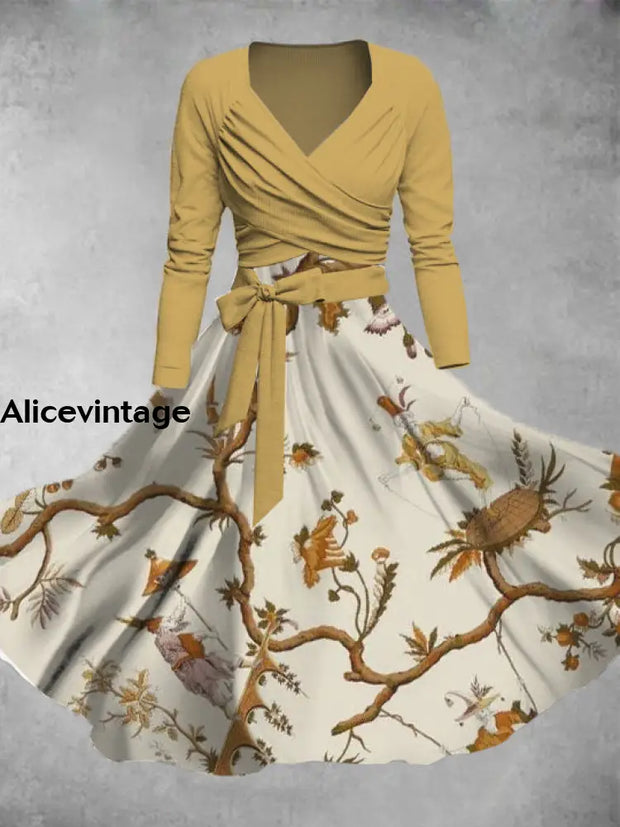 Floral Branch Art Print V-Neck Long Sleeve Two Piece Vintage Midi Dress A / S