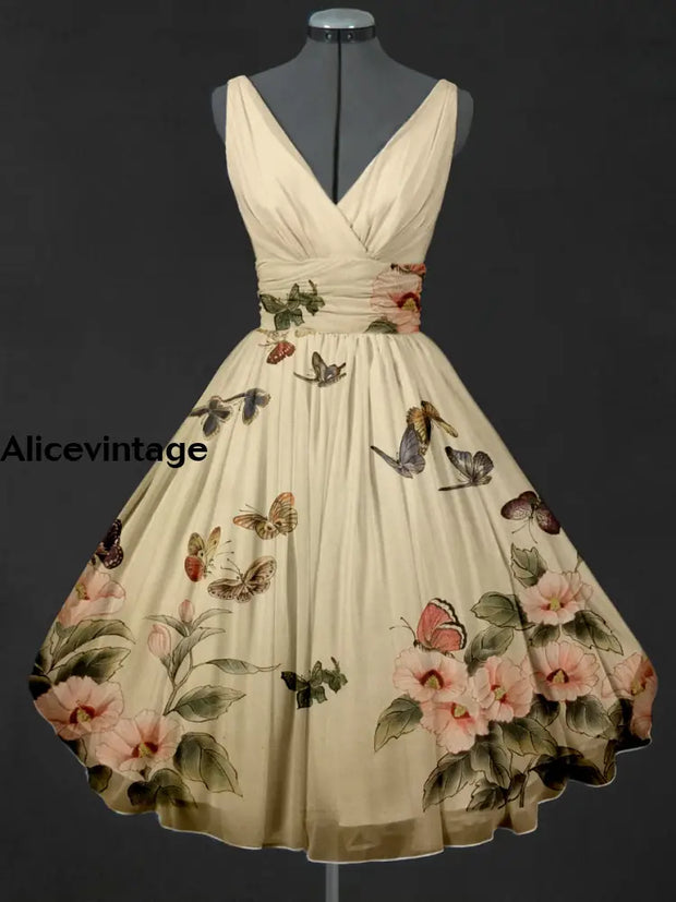 Floral Butterfly Art Print V-Neck 50’S Vintage Fashion Sleeveless Midi Dress A / S