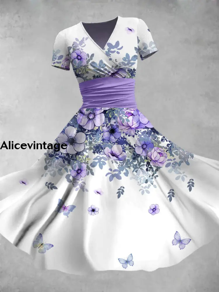 Floral Butterfly Art Print V-Neck Vintage Short Sleeve Midi Dress A / S