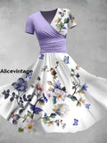 Floral Butterfly Art Print V-Neck Vintage Short Sleeve Midi Dress A / S