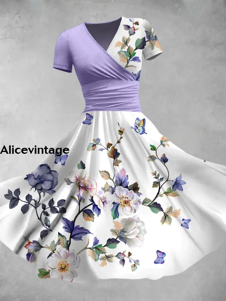 Floral Butterfly Art Print V-Neck Vintage Short Sleeve Midi Dress A / S
