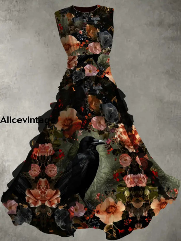 Floral Crow Art Print Vintage Elegant Chic Sleeveless Maxi Dress A / S