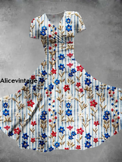 Floral Design Art Printed Elegant Vintage Chic Short Sleeve Midi Dress A / S