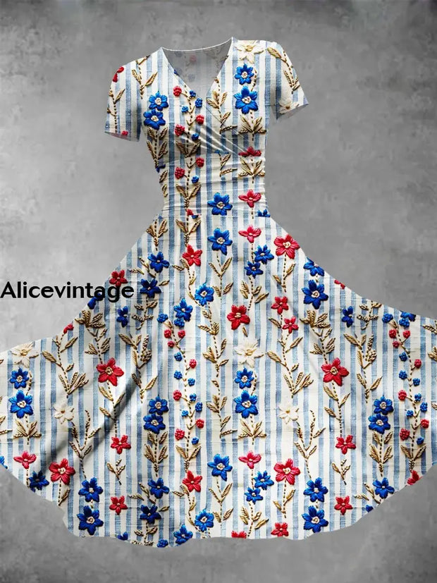 Floral Design Art Printed Elegant Vintage Chic Short Sleeve Midi Dress A / S