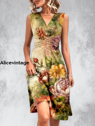 Floral Design Art Printed V-Neck Sleeveless Pleated Fashion Midi Dress A / S