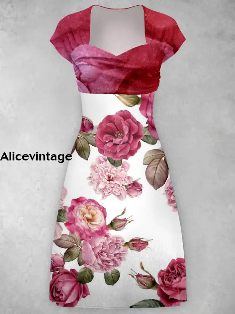 Floral Design Art Printed Vintage Chic Classical Short Sleeve Midi Dress A / S