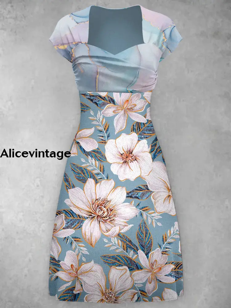 Floral Design Art Printed Vintage Chic Classical Short Sleeve Midi Dress A / S