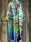 Floral Design Art Printed Vintage Chic Long Sleeved Casual Loose Shirt Dress A / S