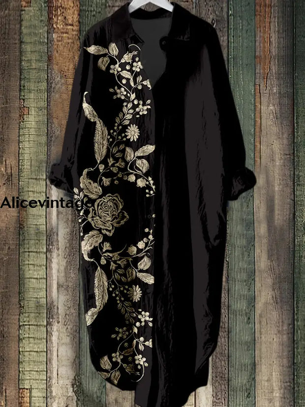 Floral Design Art Printed Vintage Chic Long Sleeved Casual Loose Shirt Dress A / S