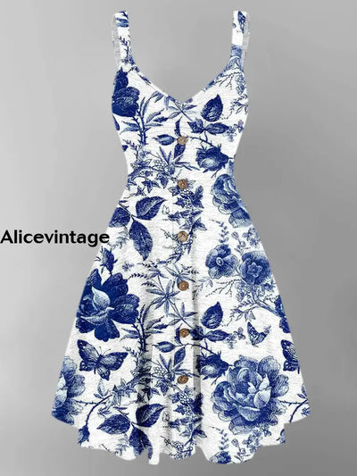 Floral Design Art Printed Vintage V-Neck Strap Sleeveless Button Trim Midi Dress