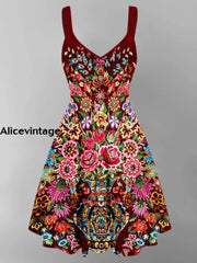 Floral Design Art Printed Vintage V-Neck Strap Sleeveless Button Trim Midi Dress