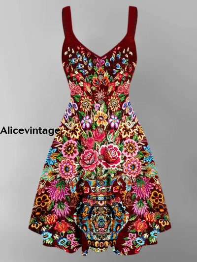 Floral Design Art Printed Vintage V-Neck Strap Sleeveless Button Trim Midi Dress