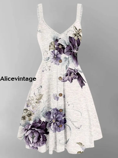 Floral Design Art Printed Vintage V-Neck Strap Sleeveless Button Trim Midi Dress