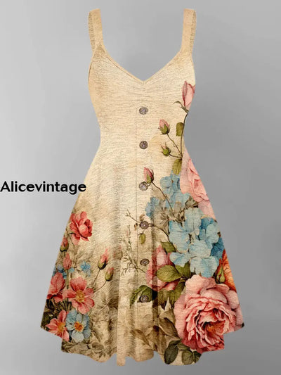 Floral Design Art Printed Vintage V-Neck Strap Sleeveless Button Trim Midi Dress