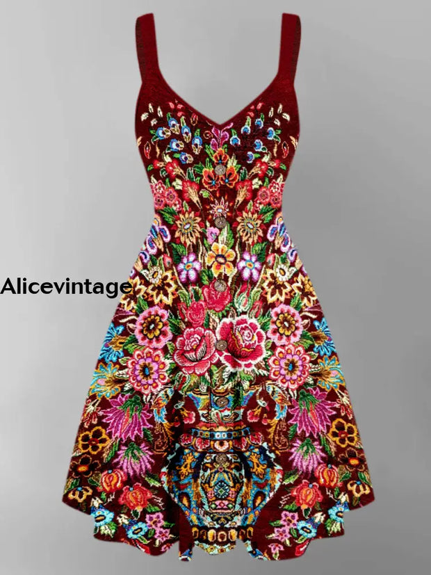 Floral Design Art Printed Vintage V-Neck Strap Sleeveless Button Trim Midi Dress A / S