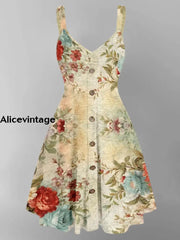 Floral Design Art Printed Vintage V-Neck Strap Sleeveless Button Trim Midi Dress A / S