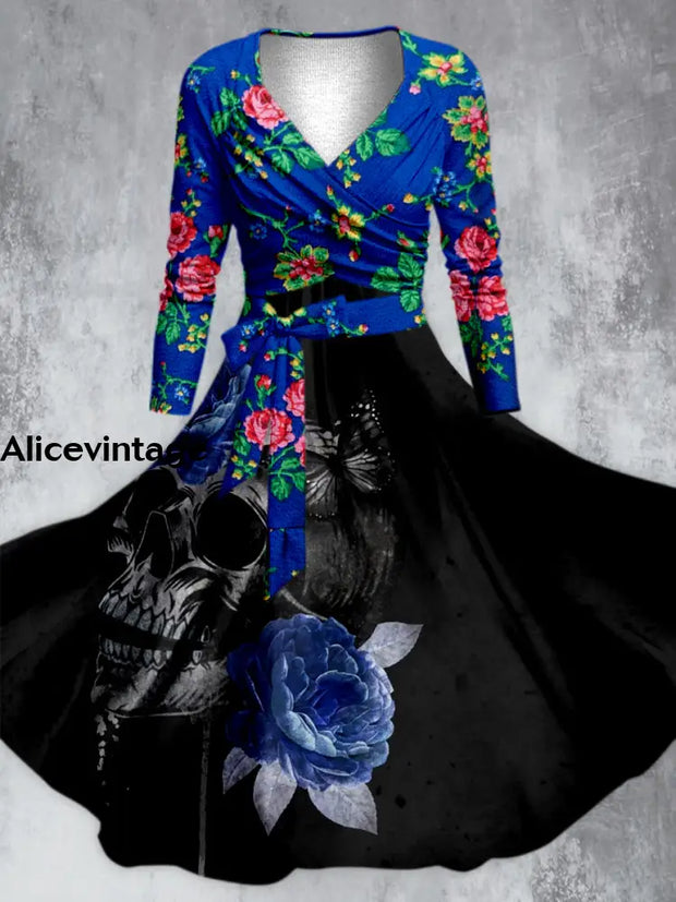 Floral Design Skull Print V-Neck Long Sleeve Midi Dress A / S