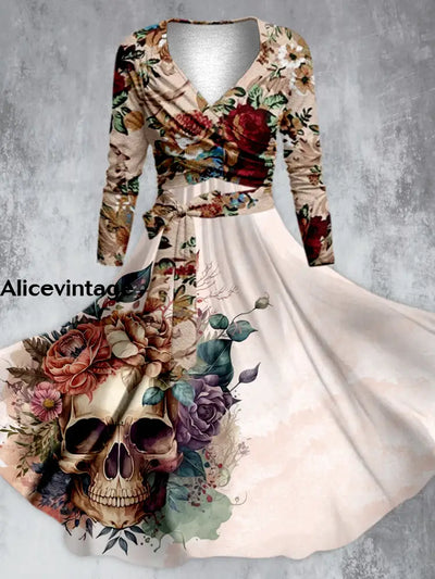 Floral Design Skull Printed V-Neck Long-Sleeved Belt Fashion Midi Dress A / S