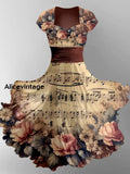 Retro Note Floral Art Printed Vintage V-Neck Pleated Waist Short Sleeve Midi Dress A / S