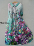 Floral Painting Printed V-Neck Button Vintage Fashion Short Sleeve Midi Dress A / S