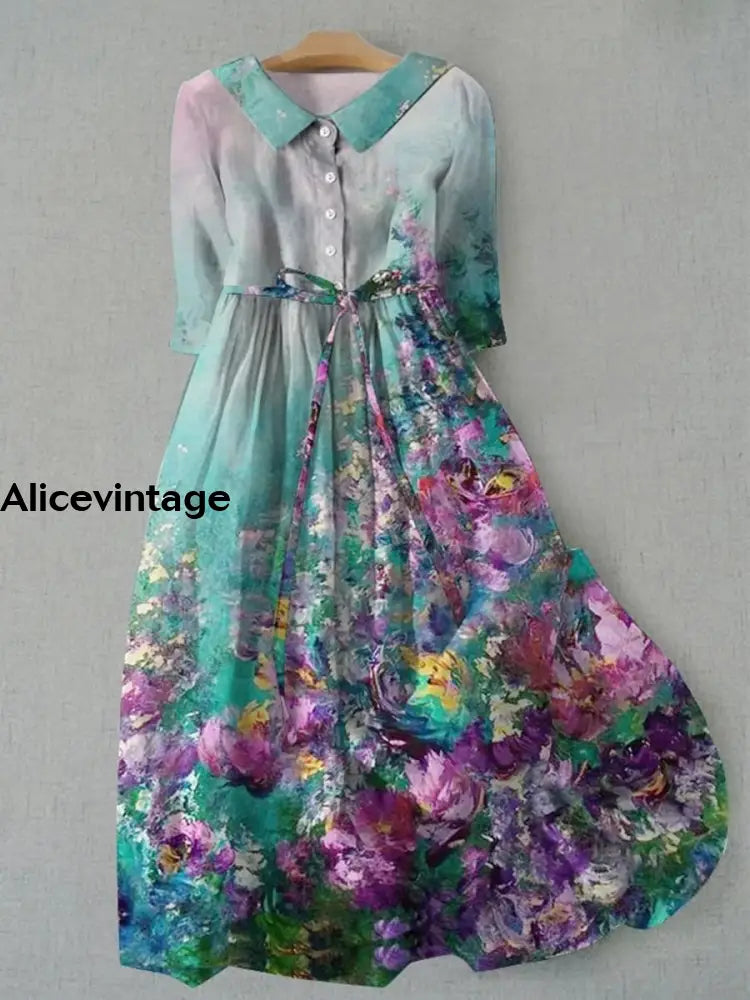 Floral Painting Printed V-Neck Button Vintage Fashion Short Sleeve Midi Dress A / S