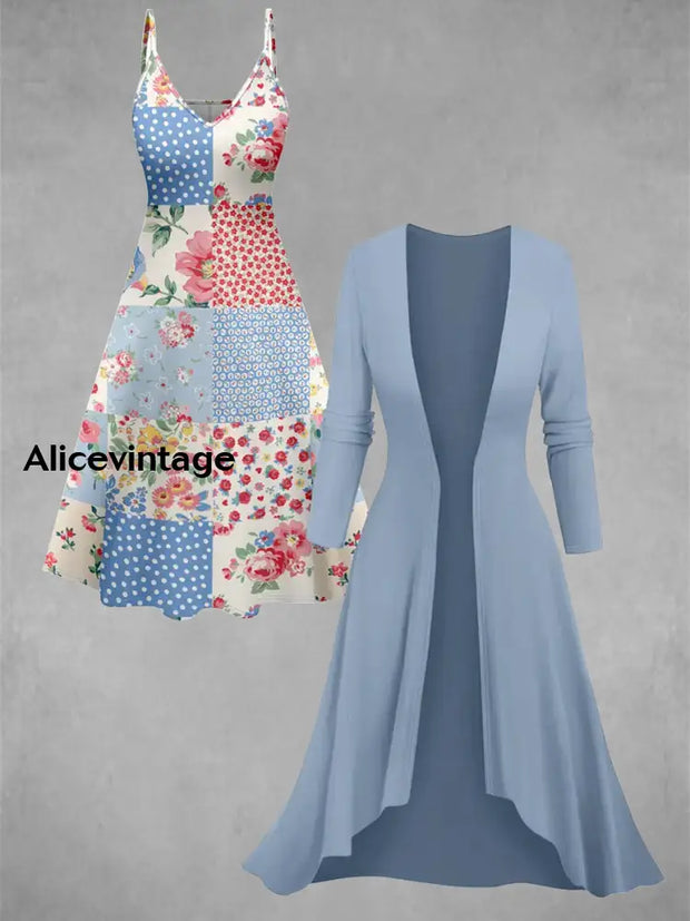 Floral Patchwork Art Print Vintage Elegant Slip Dress Two Piece Sets A / S