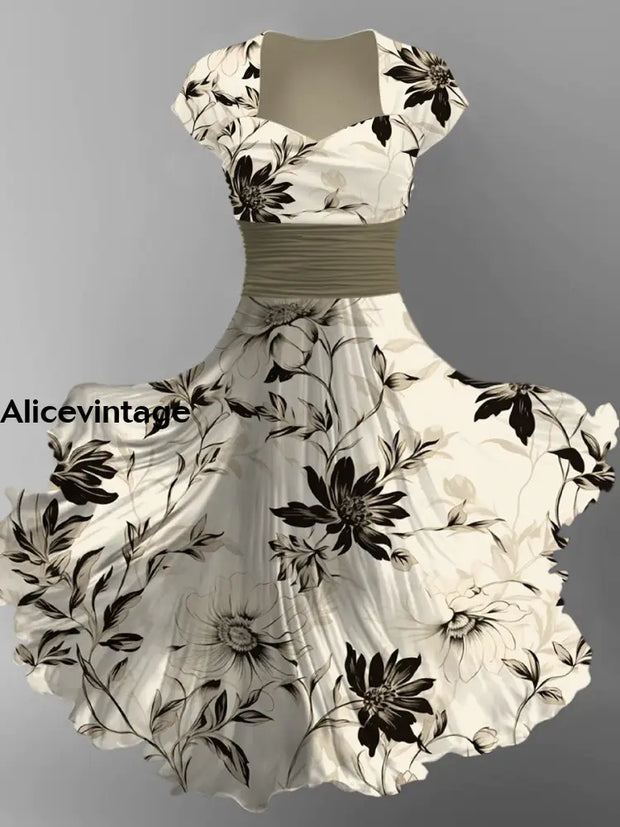 Floral Print Elegant Chic Short Sleeve Retro Midi Dress A / S