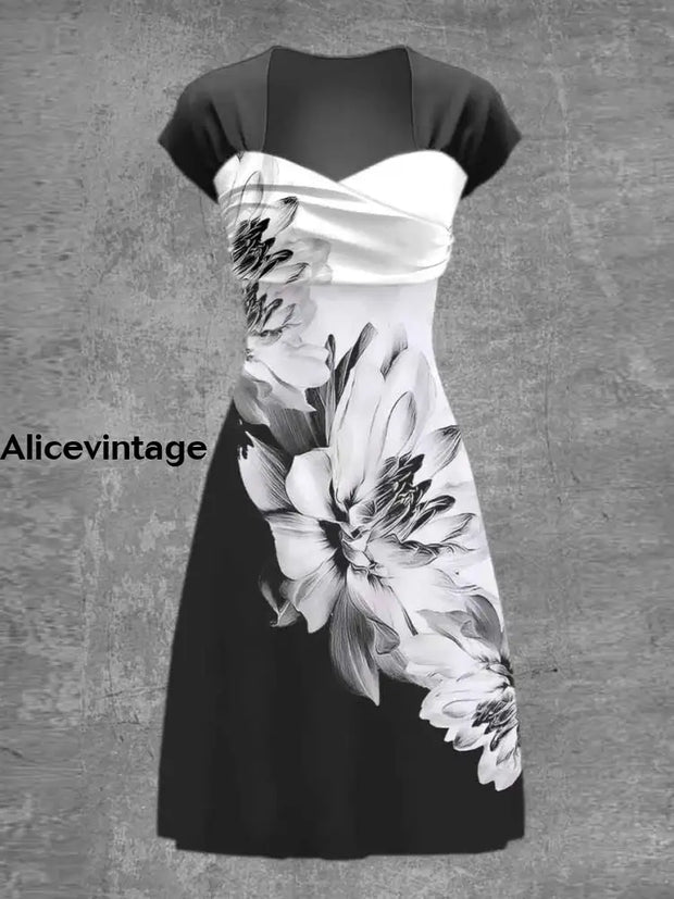 Floral Print Elegant Retro Short Sleeve Midi Dress A / S