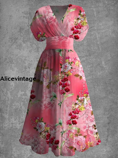 Floral Print Elegant V-Neck Chic Short Sleeve Retro Maxi Dress A / S