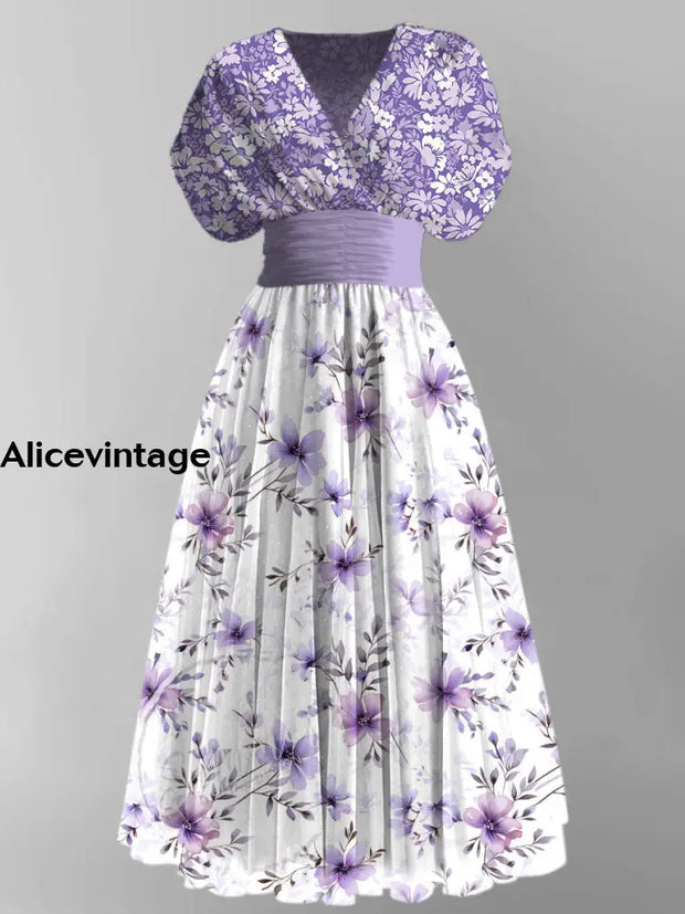 Floral Print Elegant V-Neck Vintage Chic Short Sleeve Maxi Dress A / S