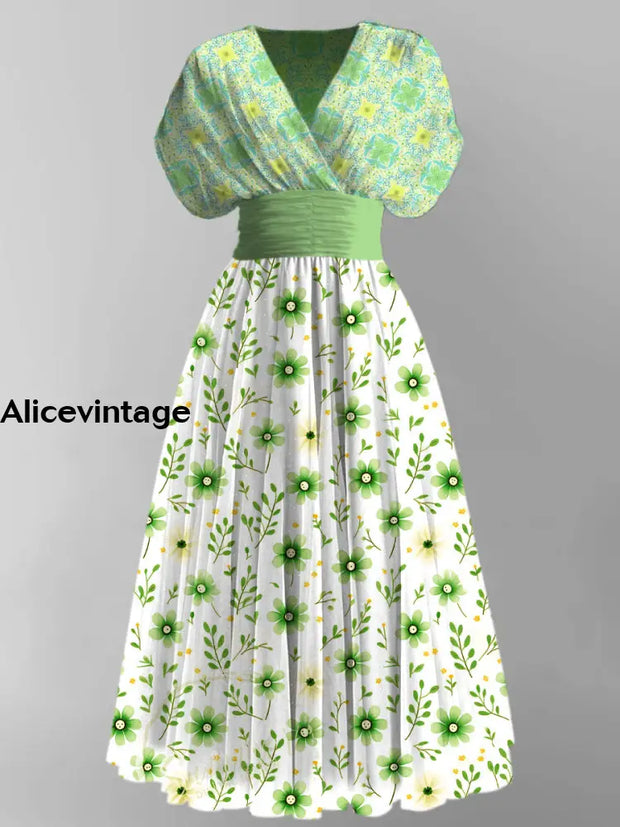 Floral Print Elegant V-Neck Vintage Chic Short Sleeve Maxi Dress A / S