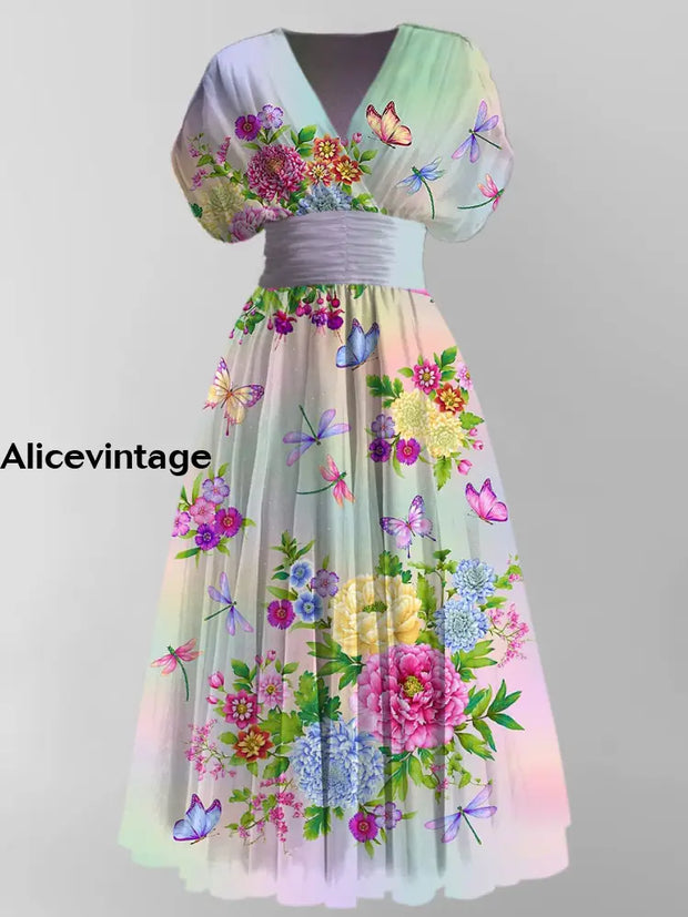 Floral Print Elegant V-Neck Vintage Chic Short Sleeve Maxi Dress A / S