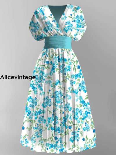 Floral Print Elegant V-Neck Vintage Chic Short Sleeve Maxi Dress A / S