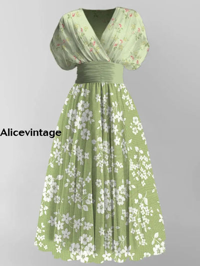 Floral Print Elegant V-Neck Vintage Chic Short Sleeve Maxi Dress A / S